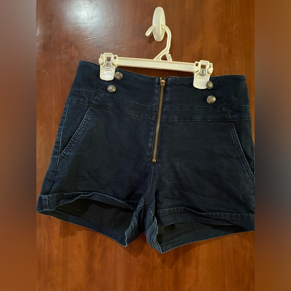 High-Rise Navy Denim Jean Shorts with Front Zip